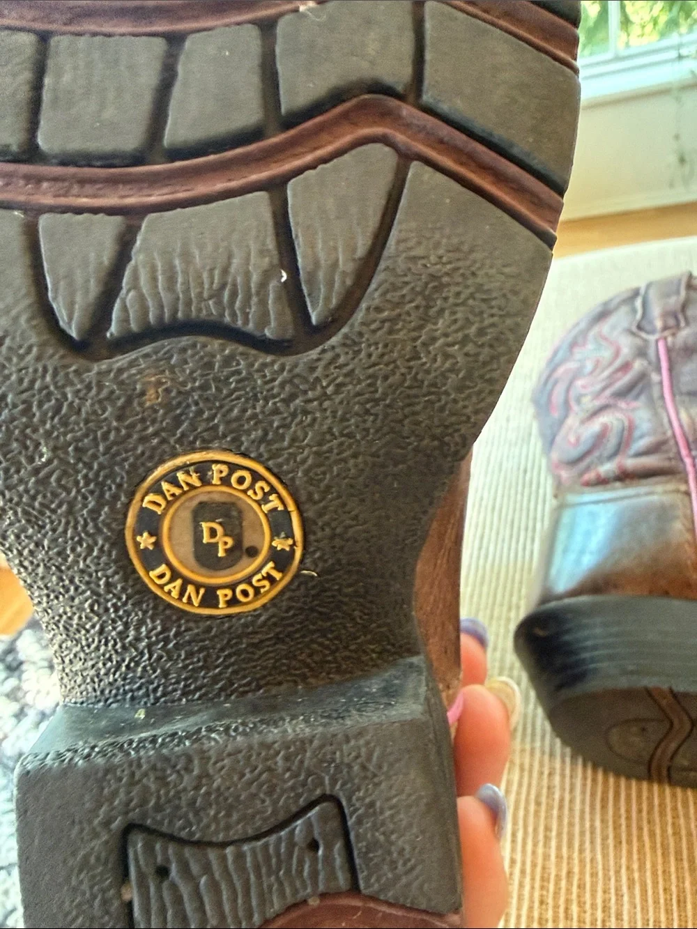 Dan Post Boot Co. Brown and Purple Leather Western Cowboy Boots Pink Stitching